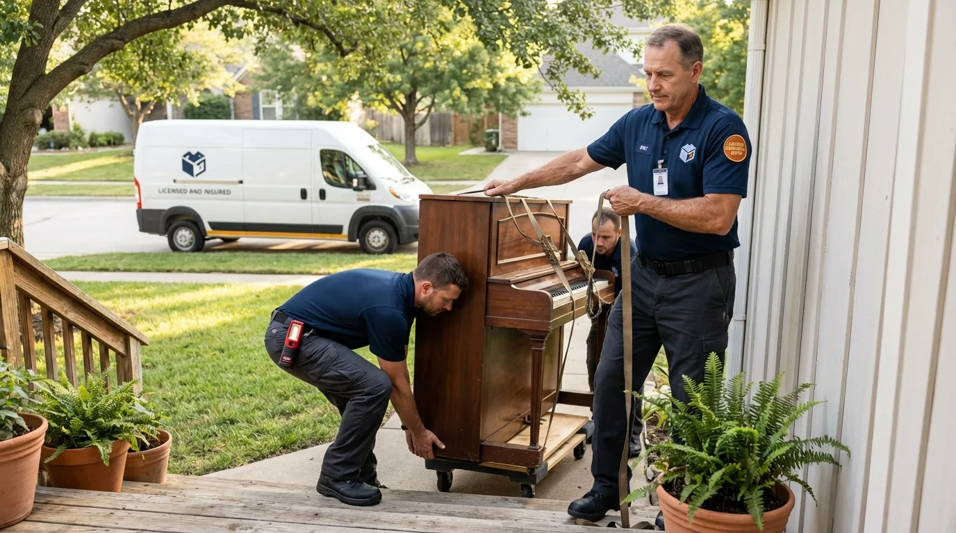 Licensed piano movers securing grand piano in Redmond, WA