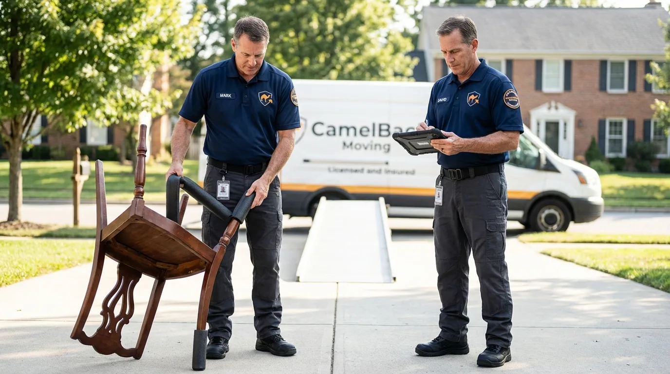 Movers inspecting furniture for damage prevention before loading in Redmond, WA