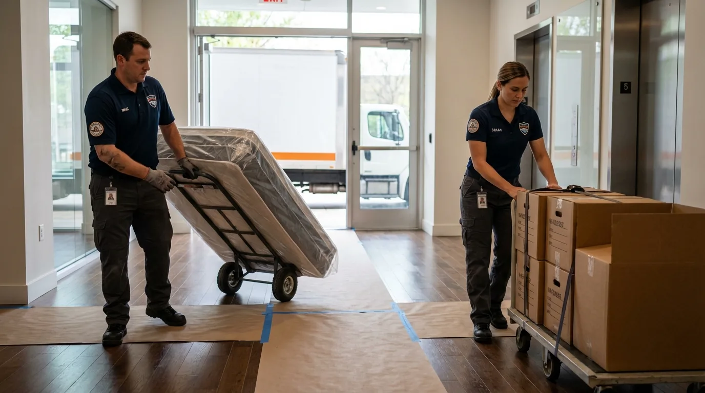 Professional apartment movers loading elevator in Redmond, WA