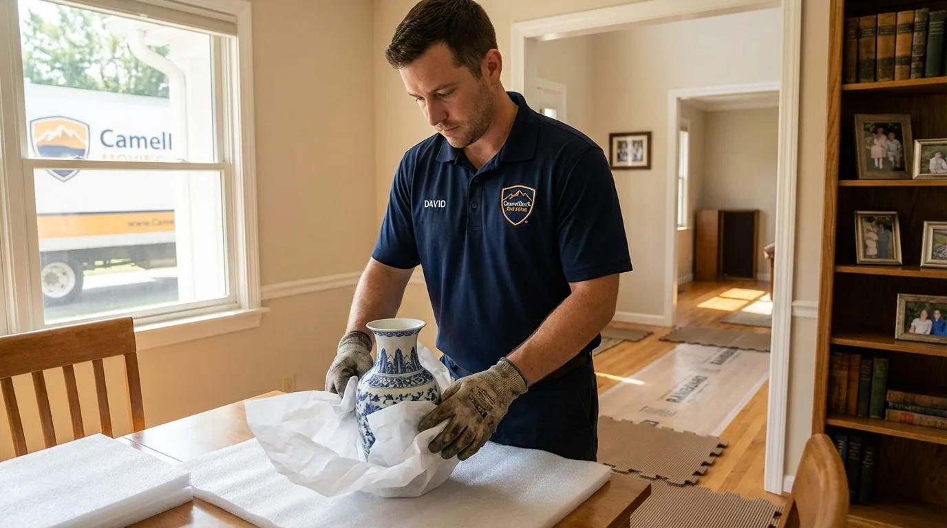 Professional crew carefully wrapping antique vase for senior downsizing move in Redmond, WA
